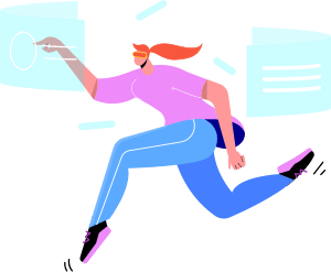Girl run or leap touching virtual screen wearing VR