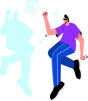 Man wearing VR holographic figure dancing to music