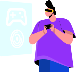 Man wearing VR playing games console joystick on hand