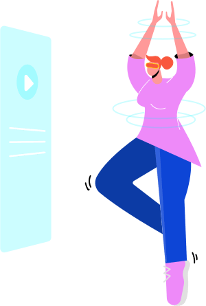 Woman wearing VR spinning in front of screen media play button