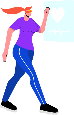 Woman wearing VR walking health care running heart beat rate on screen