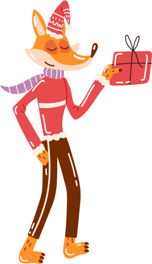 Fox holding a christmas present or gift wearing neck scarf