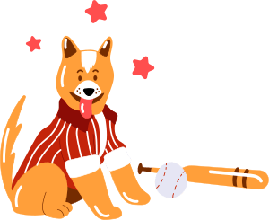 Cheerful or smiling dog sticking out tongue wearing baseball shirt beside baseball bat and ball