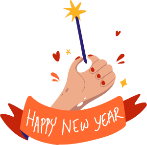 Happy New Year banner hand holding sparkler firework