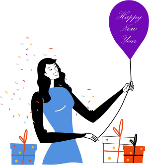 Girl or woman holding a balloon surrounded by gifts or presents and confetti
