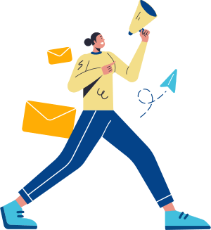 Woman megaphone email marketing on the go walking anounces or gives speech