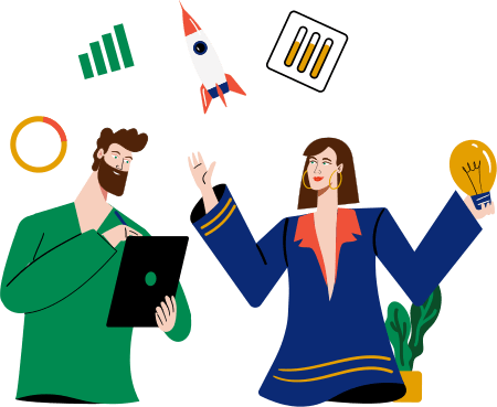 Girl and guy business startup rocket ideas