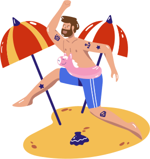 Man with beard on beach holiday wearing a horse pool float on waist running towards the water