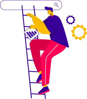 Man climb up ladder with analytical data searchbar seo tools