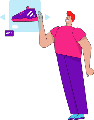 Man choose or select shoe or foot wear click on screen ads marketing