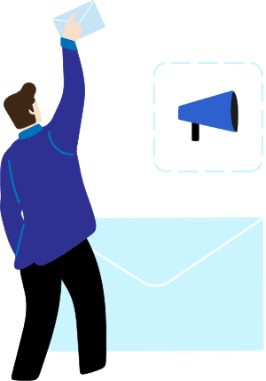 Man sending or posting envelop for email marketing megaphone on screen