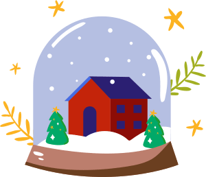 House inside a snowglobe with snow and christmas tree